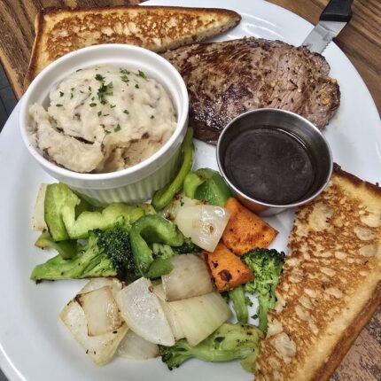 Sirloin Steak with mash potatoes and Seasonal Vegetables